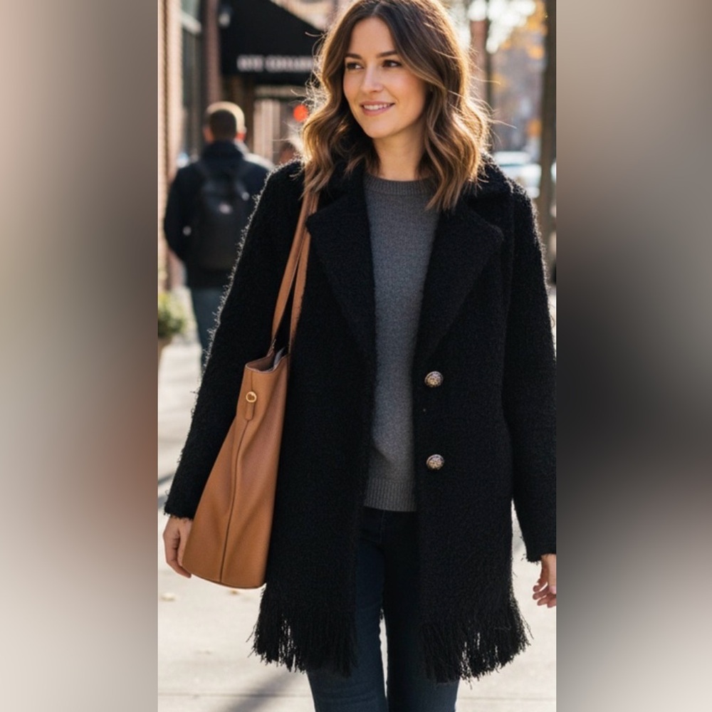 NVLT Coat Womens S/P Black Fringe Hem Ultra Soft Mink Eyelash Coatigan Jacket